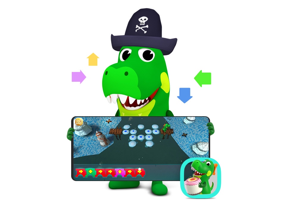 Simulated image of Crocro ready for adventure and wearing a pirate hat and holding a smartphone in landscape mode. Onscreen is a scene from Crocro's Adventure showing how creating a path for Crocro helps him cross the bridge. There is also an icon for the Crocro's Adventure application.