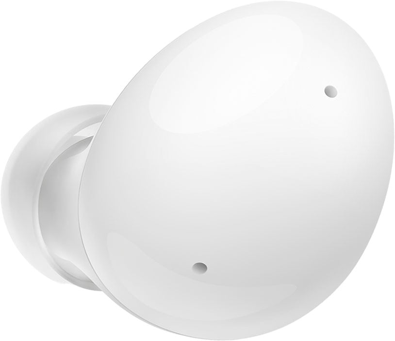 Se muestra prominentemente el exterior de un audífono Galaxy Buds2 blanco.