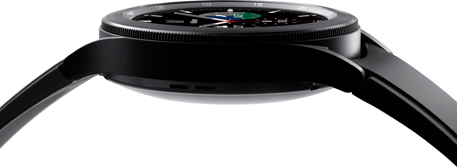 El cuerpo del Galaxy Watch4 Classic se muestra en un primer plano, con un enfoque en los detalles de su bisel.