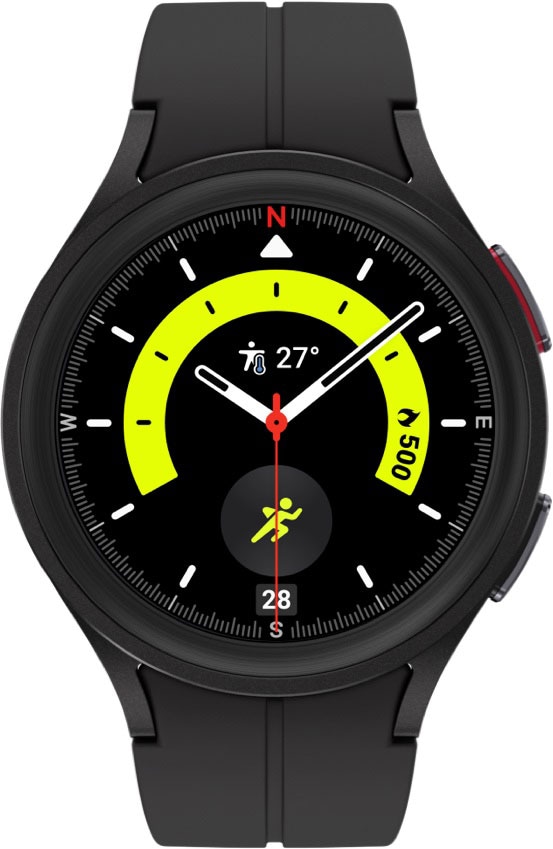 Una esfera del reloj negra y verde claro muestra la hora con un icono de correr.