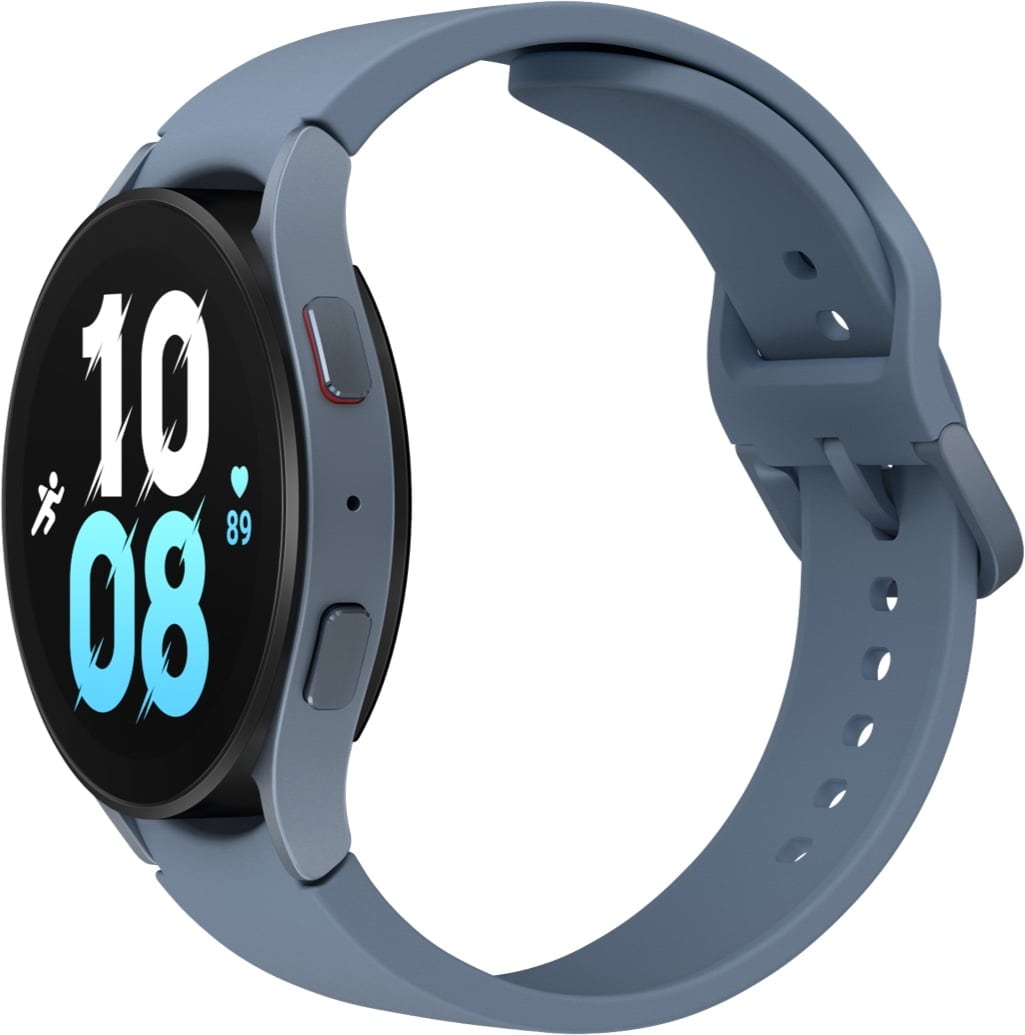 Dos perfiles laterales de los Galaxy Watch5 Sapphire están uno frente al otro. El reloj izquierdo muestra un gradiente '1' que indica la hora. El reloj derecho muestra la hora como '10:08' con un icono de un hombre corriendo y una frecuencia cardíaca '89'.