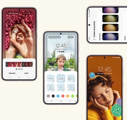 Cuatro dispositivos Galaxy S23 plus vistos desde el frente. En uno, se abre un editor de video para crear la reproducción de video en la pantalla de bloqueo. A continuación, se están modificando el estilo y la ubicación del reloj. Luego, una selección de fondos de pantalla. A continuación, una pantalla de bloqueo personalizada con stickers.
