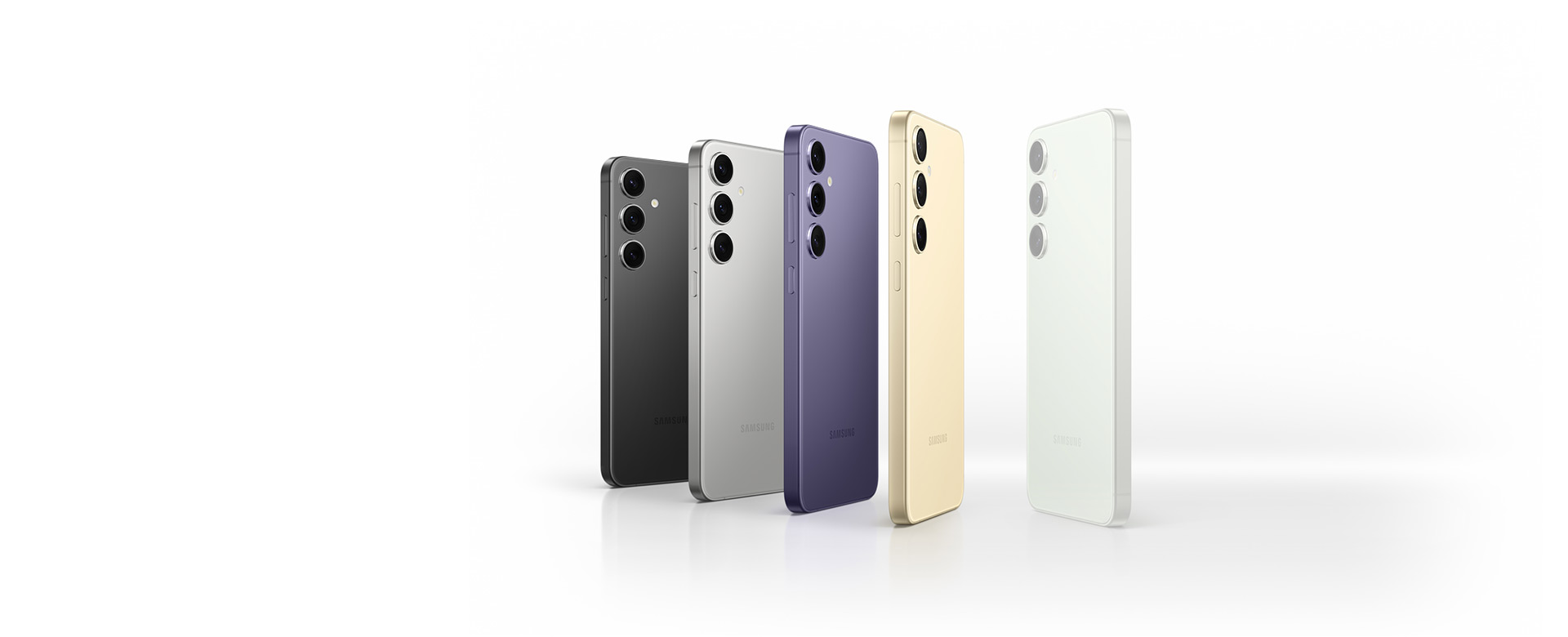 Dispositivos de la serie Galaxy S24 en Onyx Black, Marble Gray, Cobalt Violet y Amber Yellow, y después un dispositivo de la serie Galaxy S24 en Jade Green exclusivo en línea.