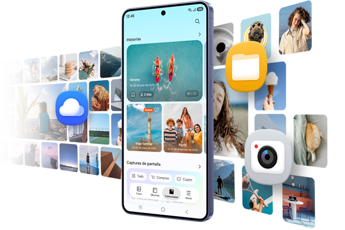 Galaxy S26 plus visto desde la pantalla principal. La aplicación Gallery está abierta y muestra las fotos almacenadas. También se ven otras aplicaciones para mostrar que podés almacenar varios tipos de contenido en el dispositivo.