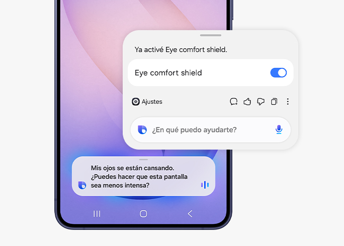 Bixby te ayuda a cambiar la configuración del dispositivo de forma rápida y fácil. El usuario le dice a Bixby que se le están cansando los ojos y si puede hacer que la pantalla sea menos intensa. Bixby le informa al usuario que ha activado el Protector de la vista.