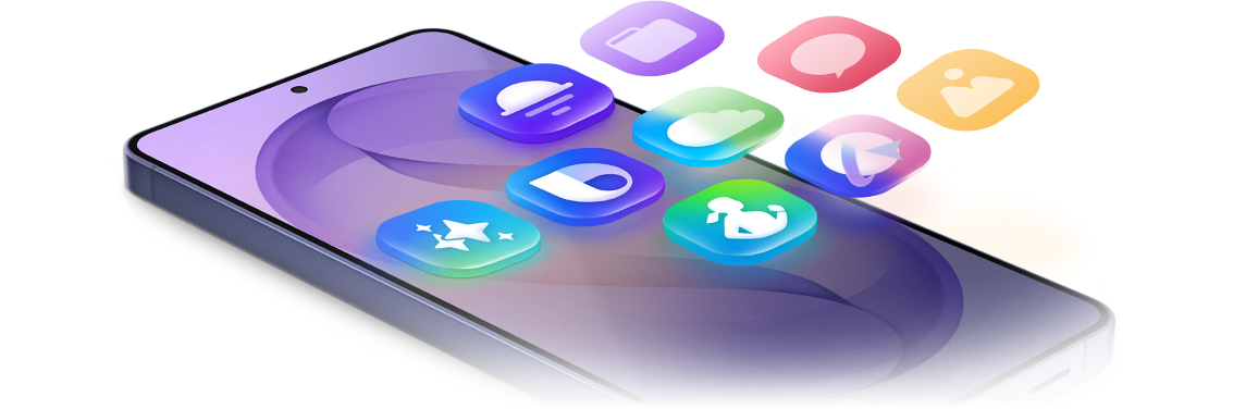 Se ve un Galaxy S26 plus mirando hacia arriba con varias aplicaciones flotando sobre la pantalla de inicio, que se pueden transferir fácilmente desde un dispositivo anterior.