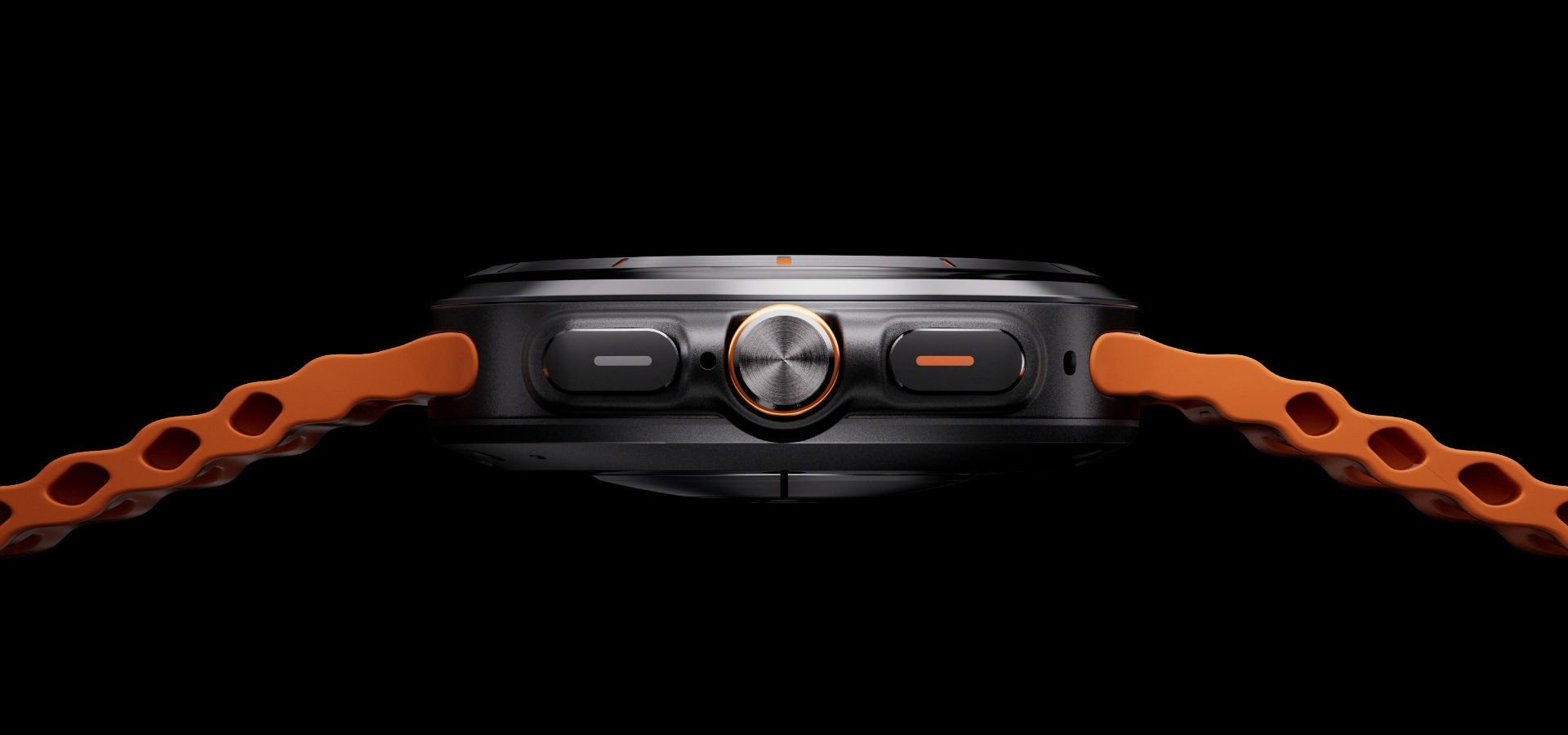 Die Seitenansicht einer Galaxy Watch Ultra mit Punkten, die bestimmte Teile der Smartwatch hervorheben sollen.