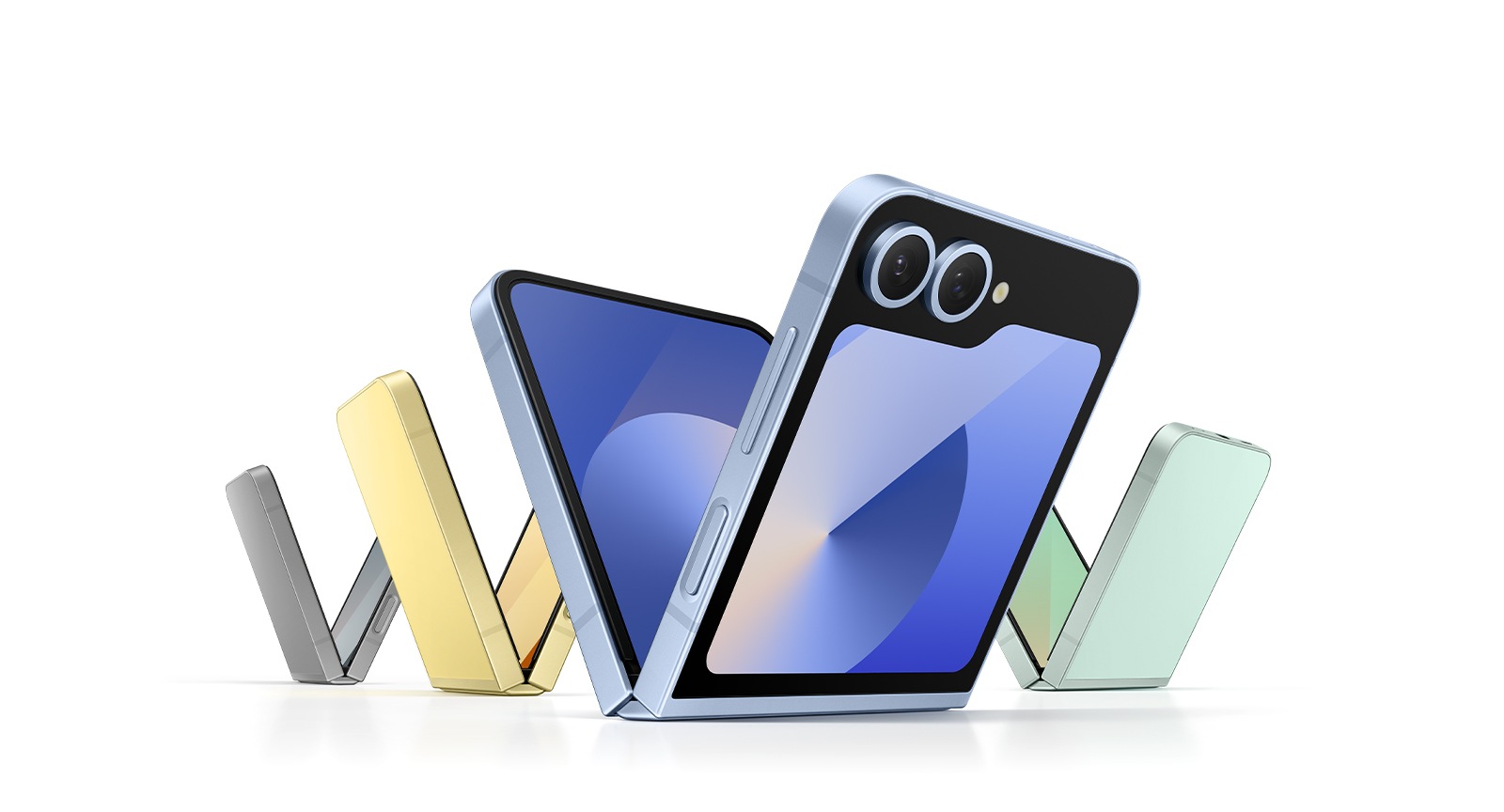 Four Galaxy Z Flip6 devices, slightly unfolded in a &#39;V&#39; shape. The nearest device is in Blue and seen from the Flex Window. Behind it are devices in Silver Shadow, Yellow and Mint.