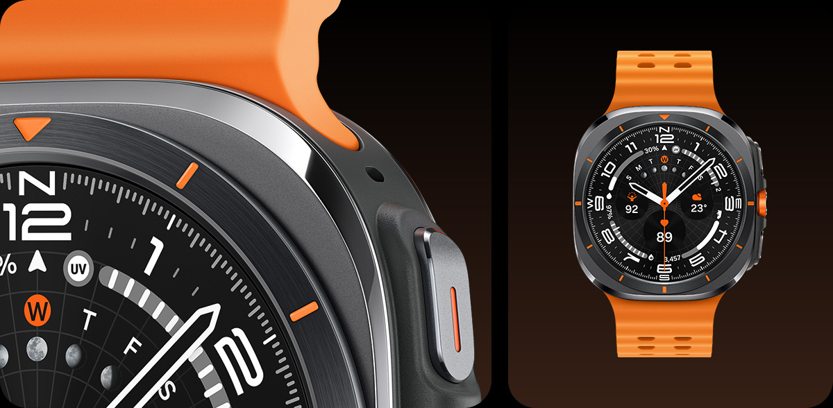 Galaxy Watch Ultra in Titanium Grey. A close-up, partial view of Galaxy Watch Ultra and a full front view of Galaxy Watch Ultra.