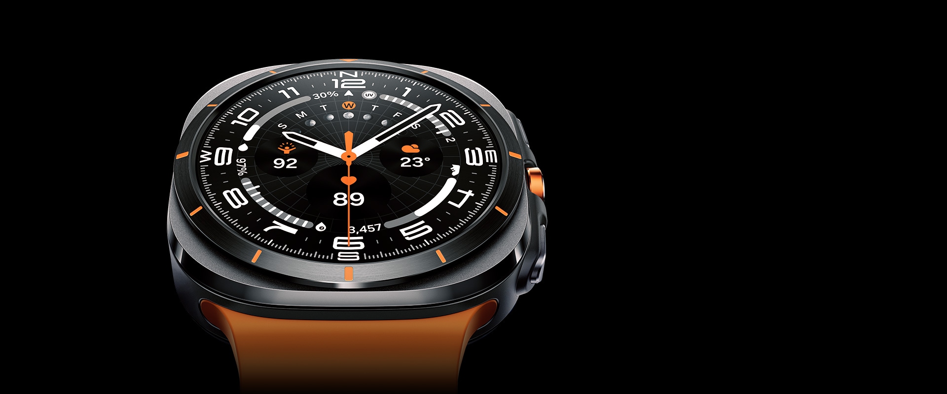 A Galaxy Watch Ultra is seen close-up in the water near the surface, showcasing its design.