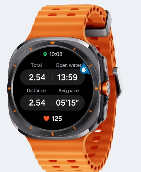 A Galaxy Watch Ultra displaying workout trackings for open water duration, distance and heart beat. In the top right corner is a Water Lock activated icon shown.