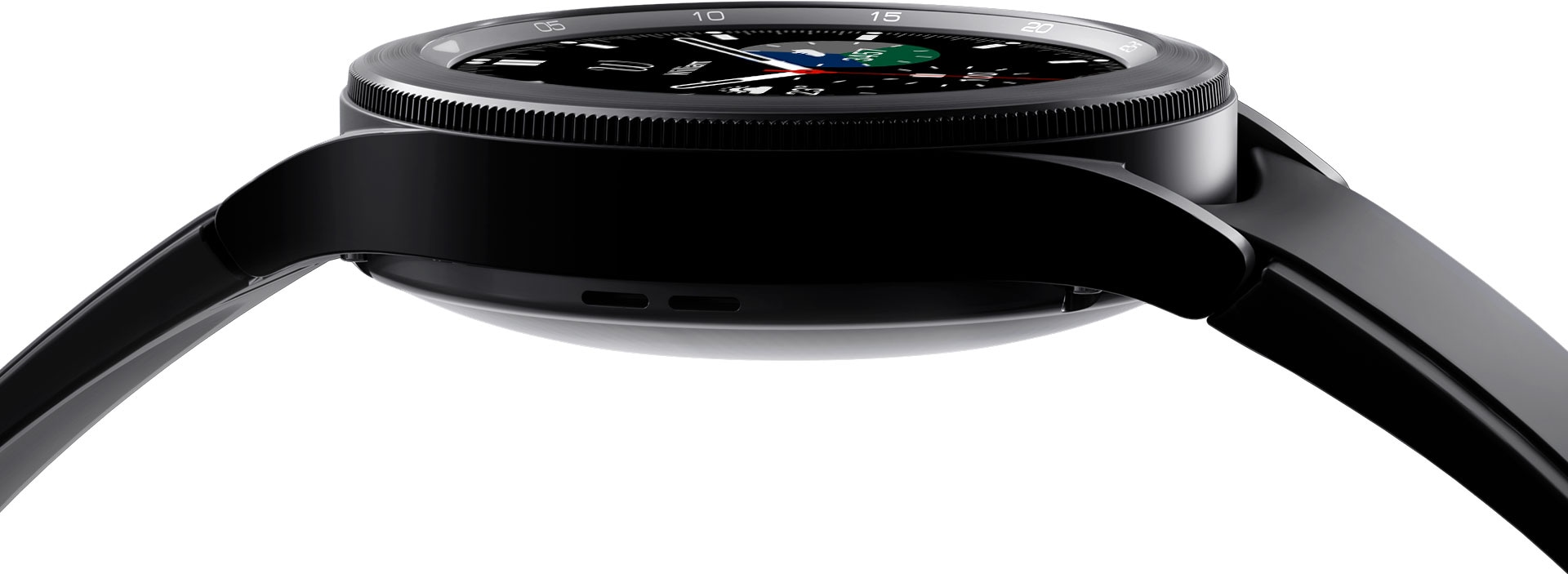 Tijelo uređaja Galaxy Watch4 Classic prikazano izbliza, sa fokusom na detaljima njegovog okvira.