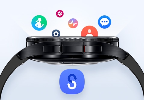 Side view of Galaxy Watch6  Classic  facing upward can be seen, with different app icons dropping into the screen to indicate data transfer. Below the Watch is Smart Switch app icon.