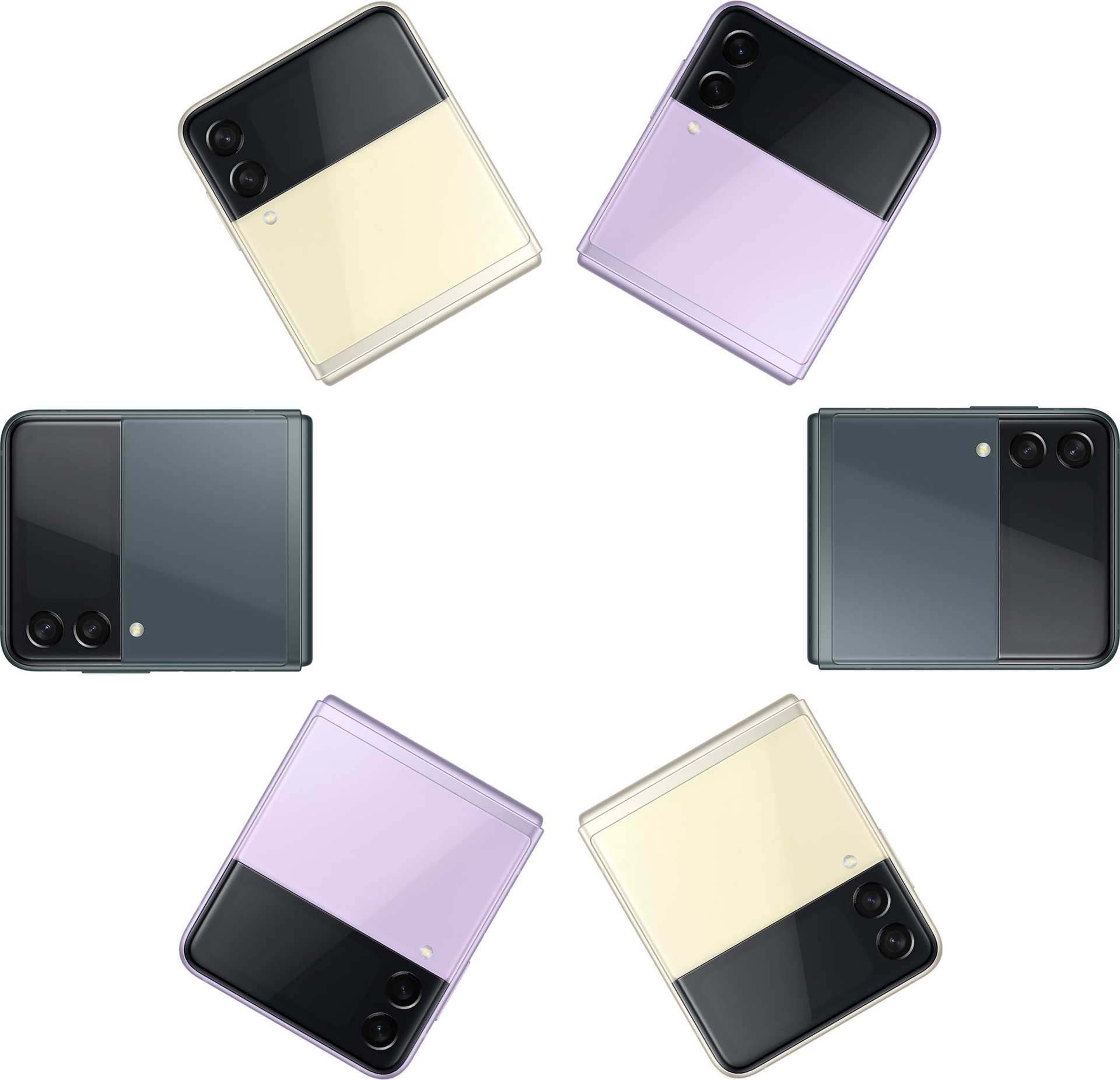 ‎Šest Galaxy Z Flip3 5G telefona, svi su preklopljeni i prikazuju prednju masku. Dva u krem, dva u boji lavande i dva u zelenoj, svi mijenjaju boje.