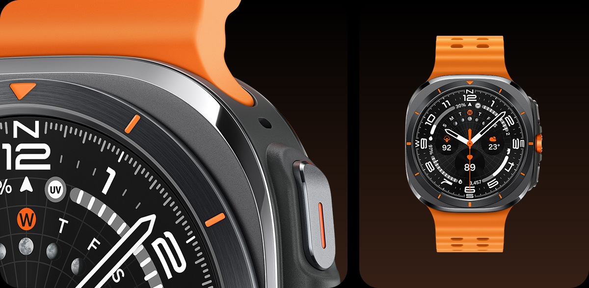 Galaxy Watch Ultra in Titanium Gray. Een gedeeltelijk close-upbeeld van de Galaxy Watch Ultra en een volledig vooraanzicht van de Galaxy Watch Ultra.