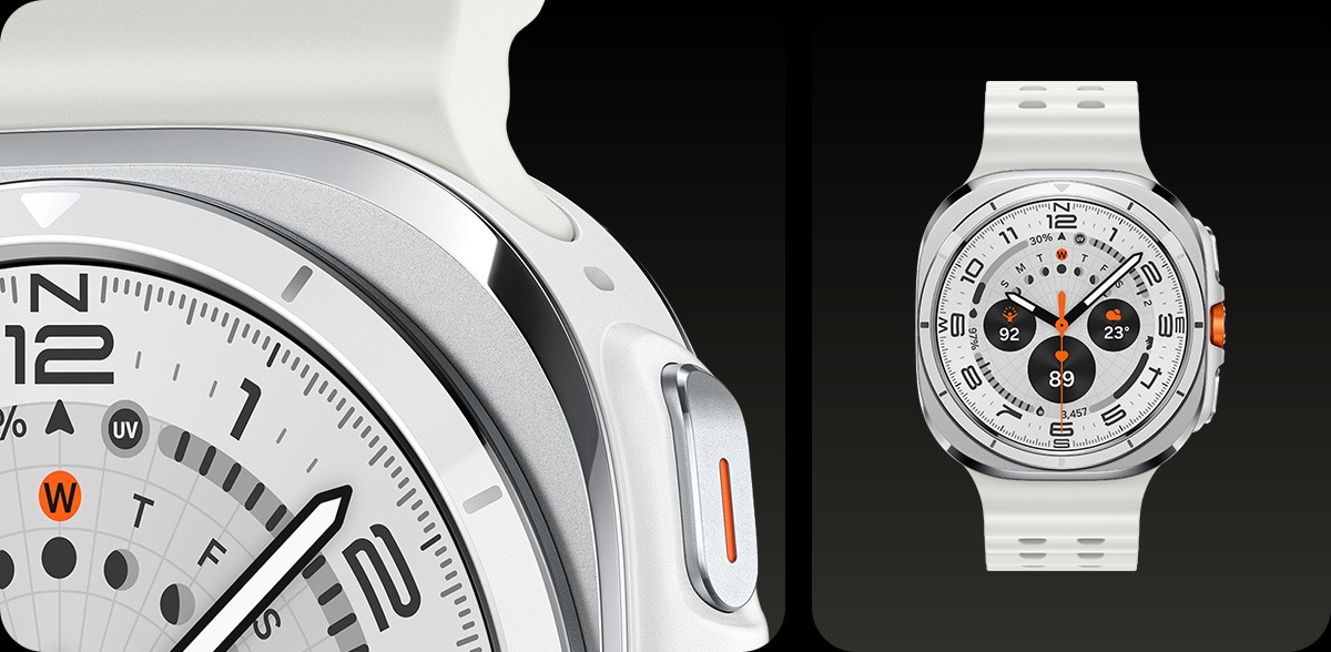 Galaxy Watch Ultra in Titanium White. Een gedeeltelijk close-upbeeld van de Galaxy Watch Ultra en een volledig vooraanzicht van de Galaxy Watch Ultra.