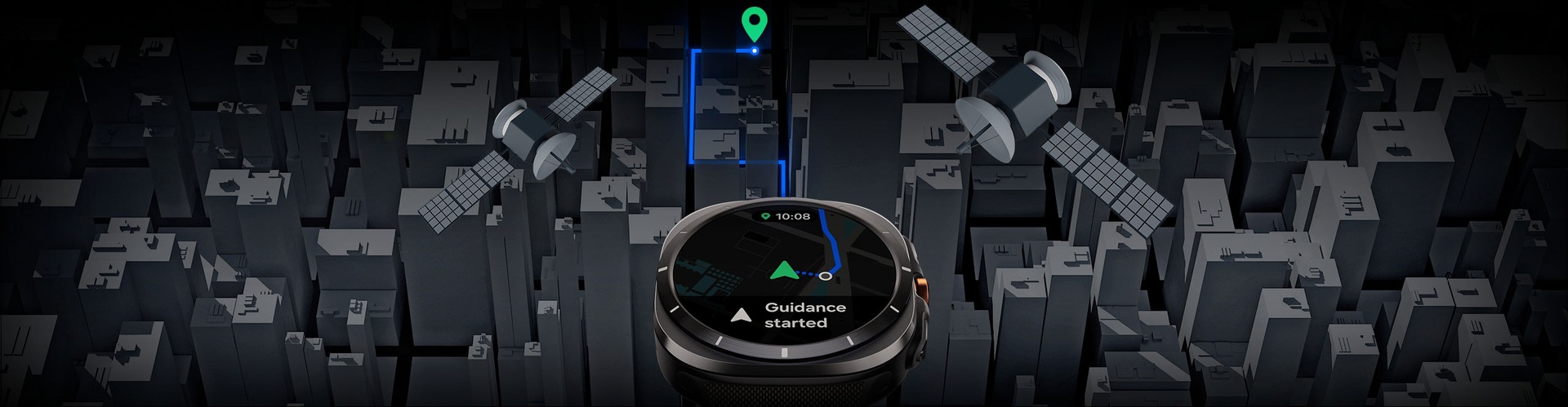Une Galaxy Watch Ultra affiche la navigation sur une carte avec le texte « Guidage démarré ». Une ligne directionnelle sort de l'écran pour se diriger vers la destination à travers des pâtés de maisons. Deux satellites sont visibles, mettant en valeur les doubles bandes de fréquences.