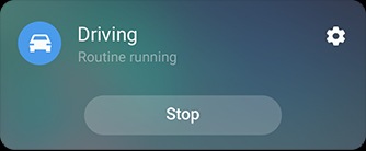Photo simulée de l’interface Bixby Routines pour la tâche Conduire. Elle détaille les actions activées, à savoir la fonctionnalité Voice wake-up, le lecteur Play Samsung Music et la rotation automatique de l’écran.