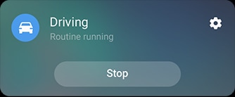 Симулирана снимка на интерфейса на Bixby Routines за рутината за шофиране. На нея се говори за активни действия, с включено гласово събуждане, възпроизвеждане на музика на Samsung и избрано автоматично завъртане на екрана.