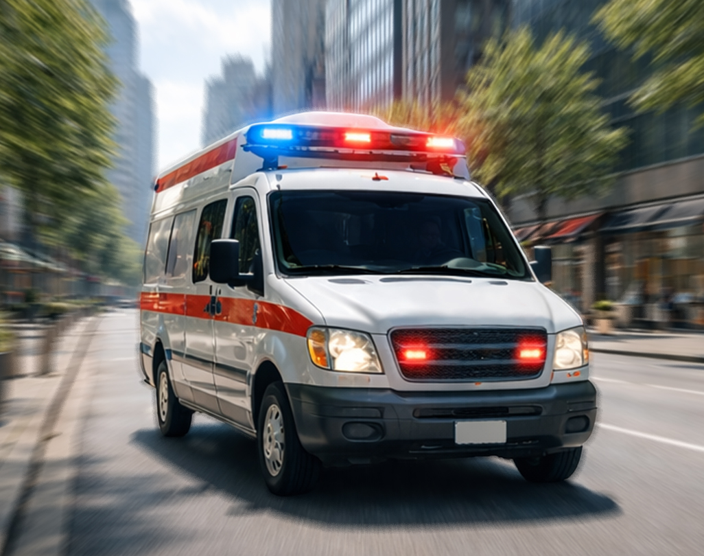 Uma ambulância com sirenes ligadas, indicando o recurso de Detecção de Sirene.