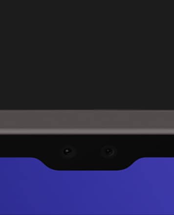 Imagem de perto do sistema de câmera do Galaxy Tab S9 Ultra na frente, mostrando a câmera frontal ampla de 12 MP e a câmera frontal ultragrande-angular de 12 MP.