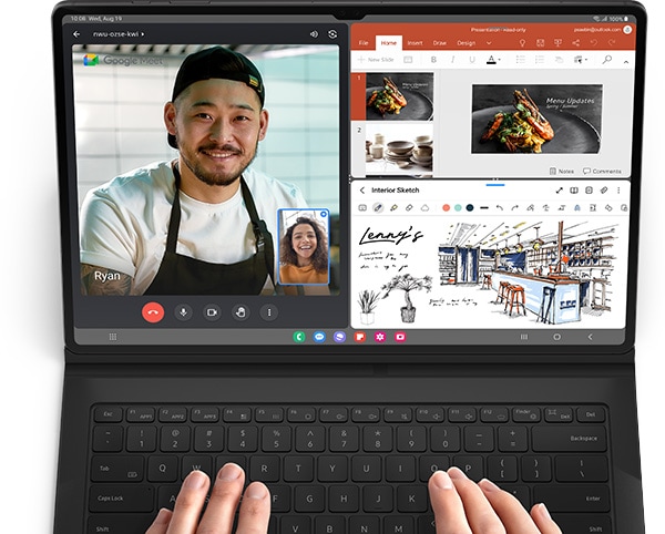São mostradas duas mãos digitando em uma Book Cover Keyboard para Tab S9. A tela do dispositivo é dividida em três janelas. Uma chamada de vídeo com um homem usando um avental no Google Meet é mostrada à esquerda. À direita, slides de imagens de culinária são exibidas usando o programa Microsoft 365 na parte superior e um esboço de design de uma barra na parte inferior.