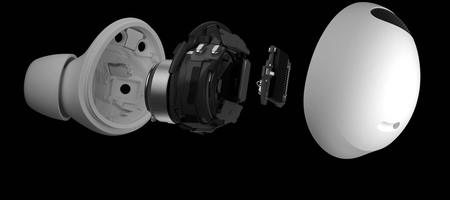 The inside mechanics of the Galaxy Buds2 Pro.
                A purple Galaxy Z Flip 4 device on the left and a Galaxy Buds2 Pro earbud in the same color on the right.
                A fragmented 3D sound wave in a pointy zigzag waveform to indicate a less-smooth sound.
                A smooth 3D sound wave in a flowy squiggly waveform to indicate a smoother sound experience.