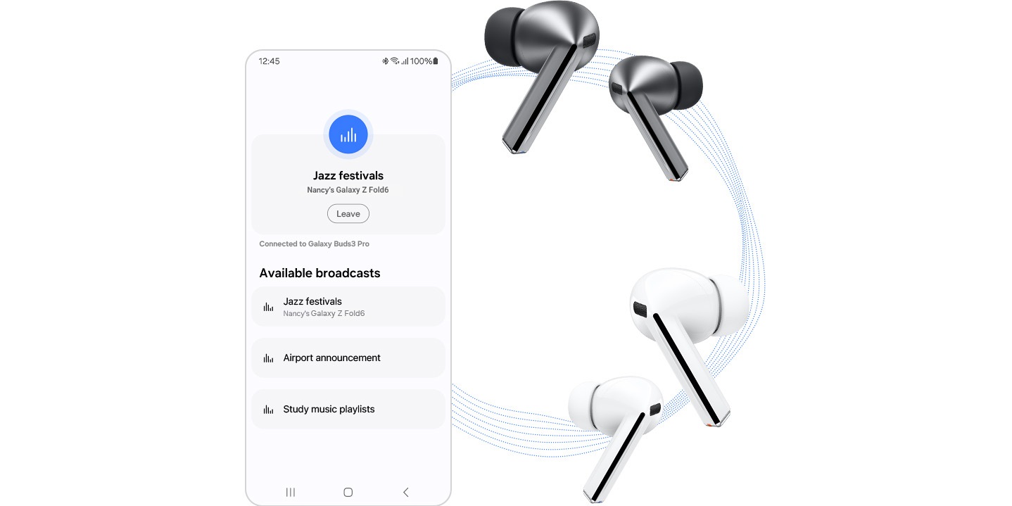 La aplicación Auracast abierta y a la izquierda de un círculo hecho de líneas. En la parte superior del círculo hay un par de Galaxy Buds3 Pro en color plateado y en la parte inferior hay un par de Galaxy Buds3 Pro en blanco.