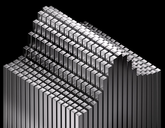 An uneven 3D bell curve formed with medium, silver coloured, cubic columns.