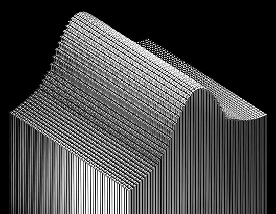 A smooth 3D bell curve formed with smaller, silver coloured, cubic columns.