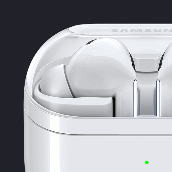 A white Galaxy Buds3 Pro device with the earbuds in a case.