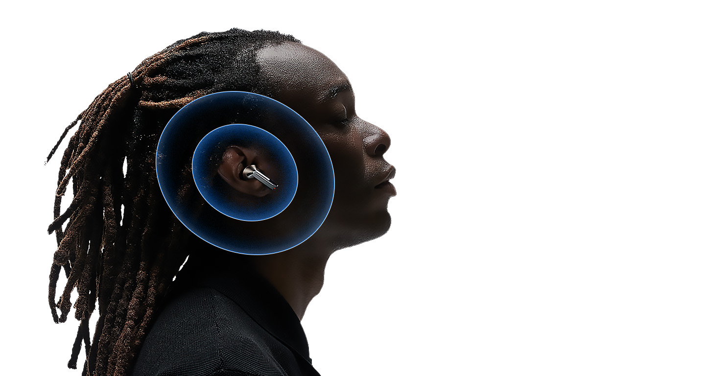 A man using the Galaxy Buds3 Pro in white with a slight pixelation effect over the ear.