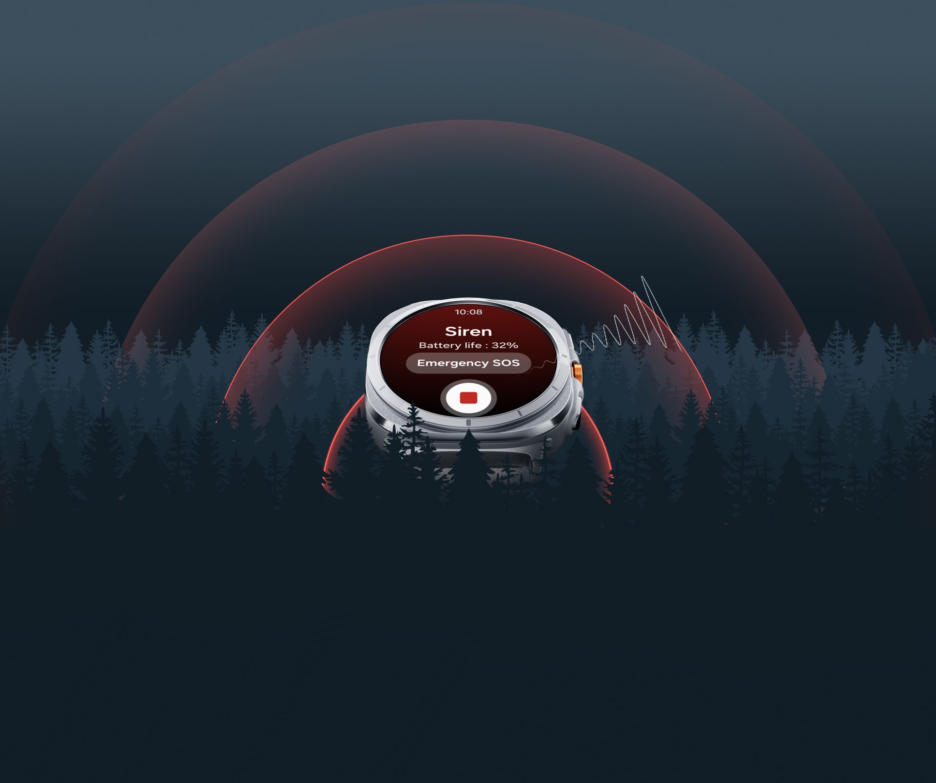 A Galaxy Watch Ultra is displaying a Siren screen with the text 'Emergency SOS' and a button to stop. Quick Button is shown on the side of the watch. A wave representing the sound is spreading out from the watch through the forest.