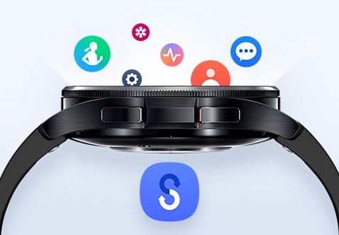 Side view of Galaxy Watch6 Classic facing upward can be seen, with different app icons dropping into the screen to indicate data transfer. Below the Watch is Smart Switch app icon.