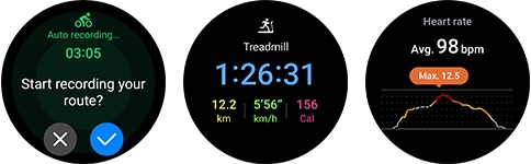 Auf der Galaxy Watch6 Classic sind verschiedene Trainingssymbole zu sehen, mit einem Wandersymbol in der Mitte, dem Text „Wandern“ darunter und dem Symbol „Einstellungen“ unten. Drei zusätzliche GUI-Bildschirme sind zu sehen. Der erste zeigt die Funktion „Automatische Aufzeichnung“ mit dem Text „Aufzeichnung Ihrer Route starten?“. Der zweite zeigt den Bildschirm zur Radfahrverfolgung mit Zeit, Distanz und verbrannten Kalorien. Der dritte zeigt den Bildschirm mit den Trainingsergebnissen mit durchschnittlicher Herzfrequenz und dem Herzfrequenzdiagramm.