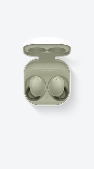 Galaxy Buds2 in Olive. The cradle is open and the buds are inside.