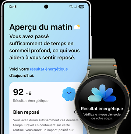 Le Galaxy S25 Ultra est vu de l’écran principal. Now Brief est actif. L’aperçu du matin montre l’Energy Score du jour qui a également été synchronisé avec la Galaxy Watch.