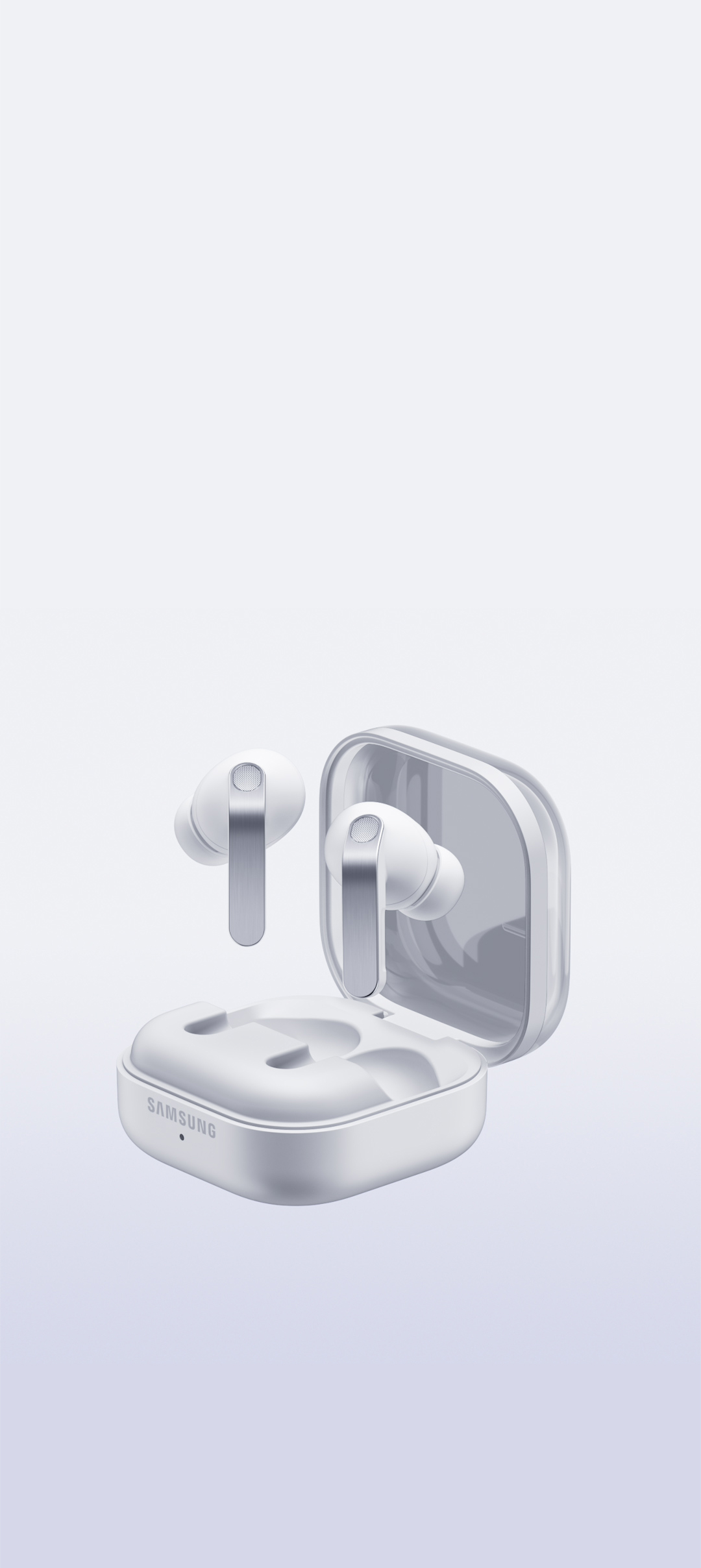 L’étui de chargement pour Galaxy Buds4 Pro White ouvert, avec les écouteurs au-dessus.