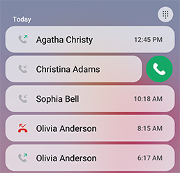 Le widget Liste des appels récents affiche les appels récents avec des boutons de rappel rapide.