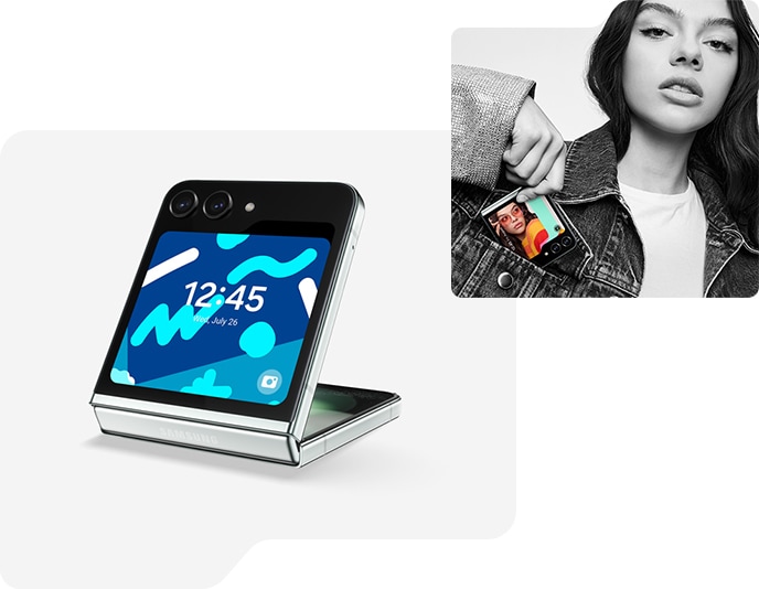 Un Galaxy Z Flip5 en mode Flex, vu du côté de l’écran extérieur avec un style horloge à cadran sur son écran. Une femme sort un Galaxy Z Flip5 plié de la poche avant de sa veste. Il affiche sur son écran extérieur un style horloge à cadran personnalisé.