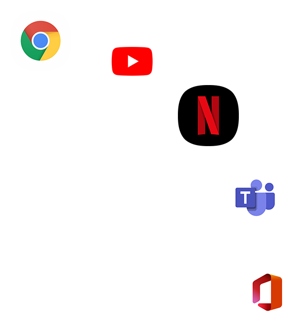 Plusieurs icônes d'applications forment un arc, notamment Google Chrome, YouTube, Netflix, Microsoft Teams et Microsoft Office.