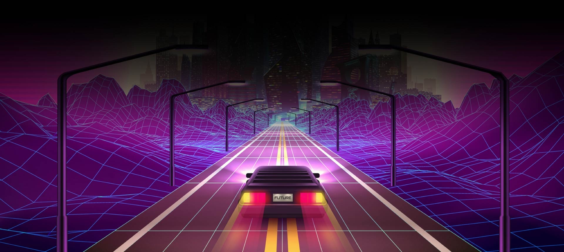 Una ilustración de un juego de carreras de autos. "FUTURE" (FUTURO) está escrito en la placa del automóvil.