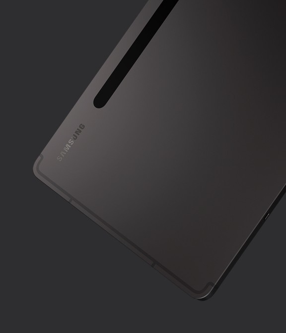 Galaxy Tab S8 con acabado en graphite vista desde la parte posterior y ligeramente lateral para mostrar el diseño delgado.