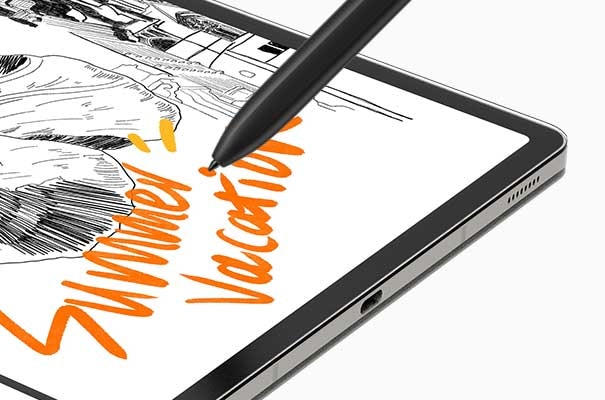 Primer plano de un S Pen dibujando en la pantalla de un dispositivo de la serie Galaxy Tab S9.