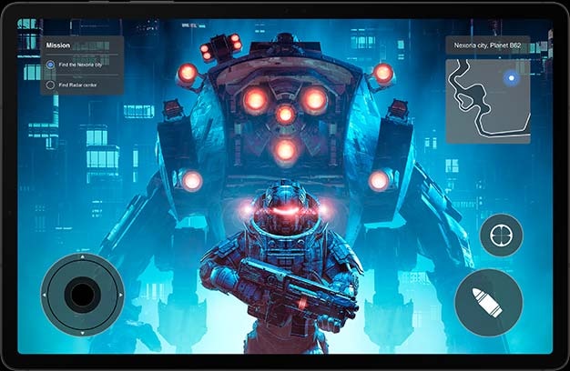 Dispositivo de la serie Galaxy Tab S9 en modo horizontal con un juego de ciencia ficción en pantalla.