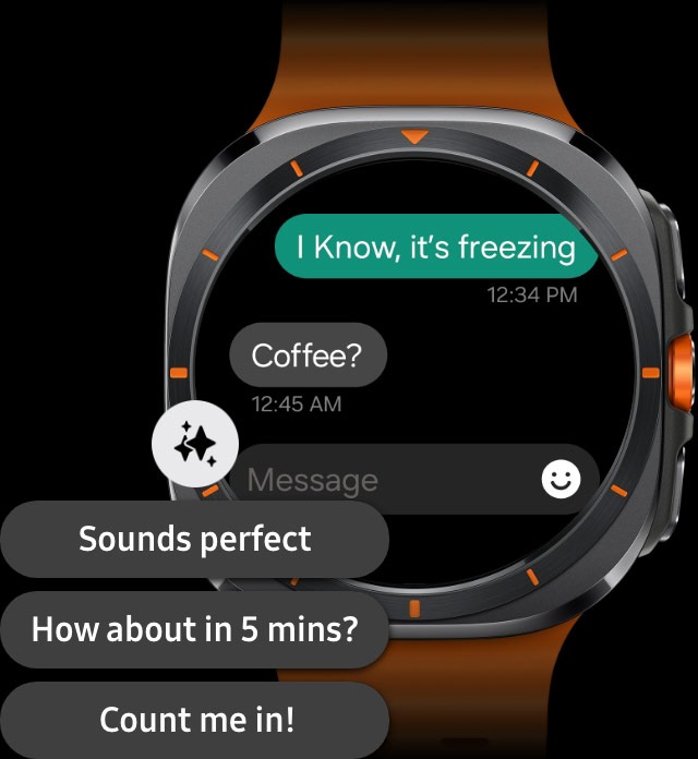 Un Galaxy Watch Ultra muestra un mensaje de chat con sugerencias de respuesta generadas por Galaxy AI en el dispositivo.