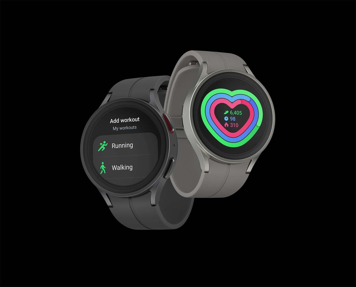 Dos Galaxy Watch5 Pro entrelazados entre sí. El Watch5 Pro negro de la izquierda muestra la interfaz 'My workout' en la esfera del reloj, mientras que el Watch5 Pro gris de la derecha muestra un monitor de frecuencia cardíaca en la esfera del reloj.