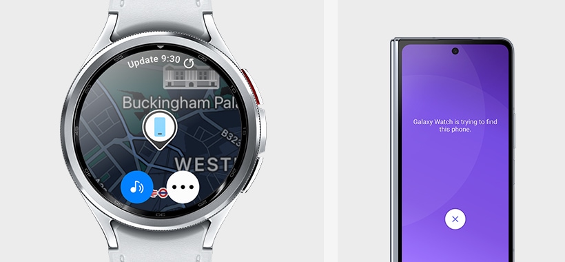 Se puede ver el Galaxy Watch6 Classic, mostrando la pantalla Encontrar mi smartphone. El Galaxy Z Fold5 muestra el texto “Encontrar tu teléfono...” con un icono de búsqueda y un botón “Descartar” para indicar que puedes localizar tu smartphone directamente desde tu reloj.