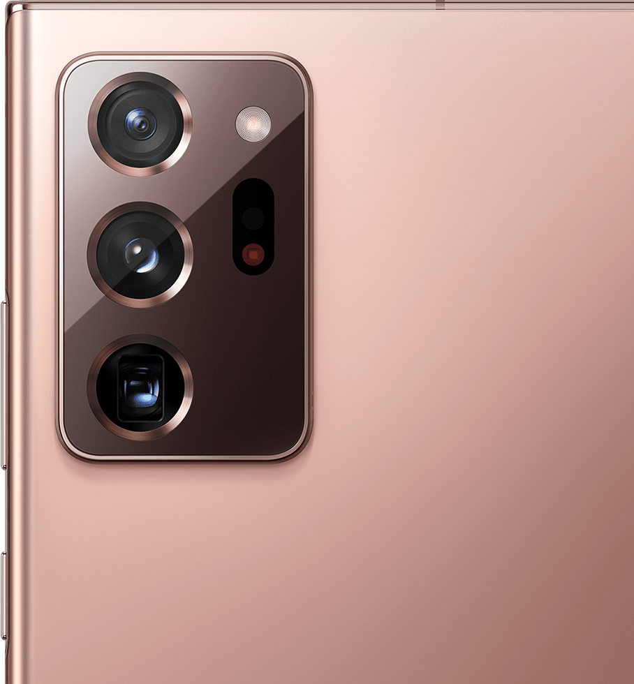 Primer plano de la cámara posterior del Galaxy Note20 Ultra en bronce místico.