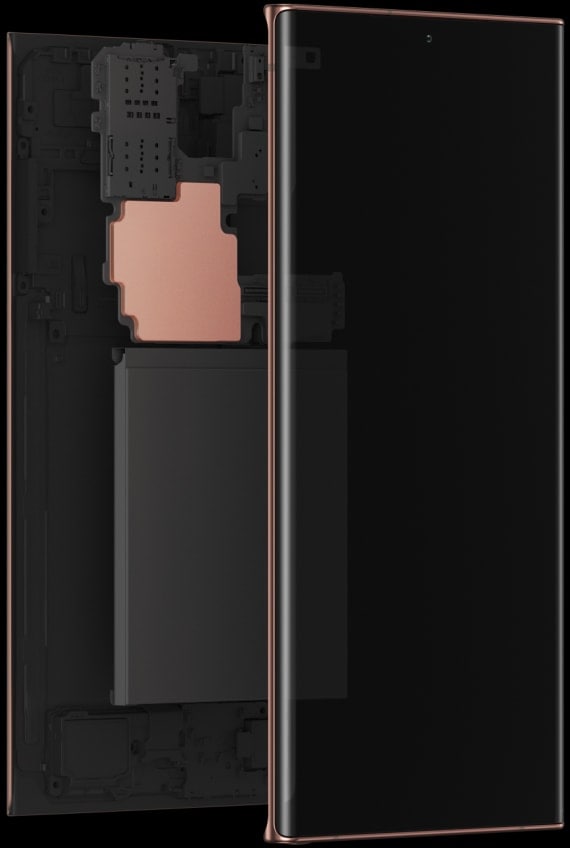 Galaxy Note20 Ultra visto desde el costado. Se gira ligeramente para revelar más de la pantalla Infinity-O y el vidrio se separa del teléfono para revelar el procesador dentro del teléfono.